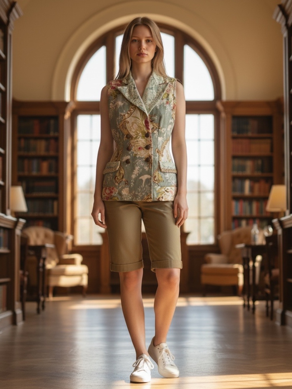 Floral Brocade Sleeveless Vest in Sage Green